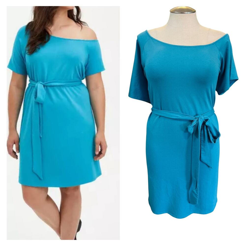 Torrid 3 (3X 22/24) Teal Blue Mini French Terry Off Shoulder T‎ Shirt Tee Dress